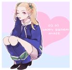 1girl ayase_yuka blonde_hair brown_eyes dated earrings full_body hair_scrunchie happy_birthday jewelry konbanha06 long_hair looking_at_viewer necklace necktie one_eye_closed open_mouth persona persona_1 school_uniform scrunchie skirt smile solo squatting st._hermelin_school_uniform twintails