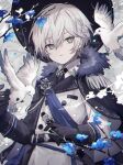 1boy bird blue_flower cape coat dove facing_viewer flower gloves grey_cape grey_eyes hair_between_eyes hat highres long_sleeves looking_to_the_side male_focus namiki_itsuki original pants parted_lips short_hair solo teeth white_dove white_hair