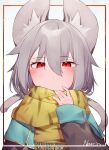 1girl animal_ear_fluff animal_ears animal_print bangs blue_capelet blush border capelet character_name closed_mouth commentary_request eyebrows_visible_through_hair grey_hair hair_between_eyes kibayashi_kimori long_sleeves looking_at_viewer mouse_ears mouse_girl mouse_tail nazrin print_scarf red_eyes scarf short_hair sleeves_past_wrists solo tail tiger_print touhou upper_body white_background yellow_scarf