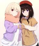 2girls akane_color35 aran_sweater bangs black_hair black_headwear blonde_hair blush commentary_request gradient gradient_background grin hat heart heart_hands heart_hands_duo highres inoue_takina jacket long_hair lycoris_recoil multiple_girls nishikigi_chisato one_eye_closed open_clothes open_jacket orange_scarf purple_eyes purple_jacket red_eyes scarf shirt short_hair simple_background smile sweater teeth upper_body violet_eyes white_background white_shirt winter_clothes yellow_shirt