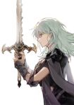 1girl byleth_(fire_emblem) byleth_(fire_emblem)_(female) byleth_eisner_(female) enlightened_byleth_(female) fire_emblem fire_emblem:_three_houses from_side gradient_background green_eyes green_hair highres holding holding_sword holding_weapon long_hair mika_winter profile solo sword sword_of_the_creator weapon white_background