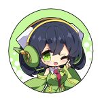 1girl ;d bangs black_hair blush breasts chibi collared_shirt commentary_request detached_sleeves eyebrows_visible_through_hair green_eyes green_jacket green_sleeves hair_between_eyes halftone halftone_background headphones highres jacket kyoumachi_seika large_breasts long_sleeves looking_at_viewer milkpanda necktie one_eye_closed open_mouth red_necktie round_image shirt short_eyebrows sleeveless sleeveless_jacket sleeveless_shirt sleeves_past_wrists smile solo thick_eyebrows upper_body voiceroid white_shirt wide_sleeves