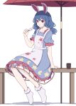 1girl absurdres animal_ears apron arm_support blue_dress blue_hair blush_stickers bunny_ears crescent_print dango dress earclip food highres holding kame_(kamepan44231) long_hair one-hour_drawing_challenge parasol parted_lips rabbit_ears red_eyes seiran_(touhou) short_sleeves simple_background sitting socks solo star_(symbol) star_print touhou umbrella wagashi white_apron white_background white_socks