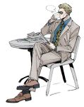 1boy animal_print blonde_hair blue_shirt brown_suit chair coffee_mug crossed_legs cup formal full_body highres hikonom holding holding_cup holding_newspaper jujutsu_kaisen leopard_print male_focus mug nanami_kento necktie newspaper shirt short_hair sitting solo steam striped suit table watch yellow_necktie