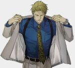 1boy animal_print belt blonde_hair blue_shirt closed_eyes collared_shirt formal grey_suit hikonom jujutsu_kaisen leopard_print long_sleeves male_focus nanami_kento necktie shirt short_hair solo suit suspenders upper_body watch yellow_necktie