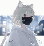  1girl absurdres animal_ear_fluff animal_ears bangs blue_eyes blurry blurry_background blush cat_ears cat_girl cat_tail commentary_request depth_of_field drawstring grey_hair hair_between_eyes highres hood hood_down hoodie looking_at_viewer mask mouth_mask original short_hair signature solo surgical_mask tail white_hoodie yougashi 
