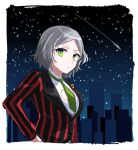 1girl buttons closed_mouth denonbu dress_shirt earrings green_eyes green_necktie grey_hair haijima_ginka highres jacket jewelry long_sleeves looking_at_viewer necktie night night_sky sangria_(sangria69) shirt shooting_star short_hair sky solo star_(sky) starry_sky striped upper_body