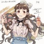 1girl bangs black_bow blue_skirt bow brown_hair cup dated drinking_straw floating_hair hachigamoto hair_behind_ear hair_bow holding holding_cup holding_hands idolmaster idolmaster_cinderella_girls kamiya_nao long_hair looking_at_viewer parted_lips pink_shirt plaid plaid_bow puffy_short_sleeves puffy_sleeves red_eyes shirt short_sleeves sketch skirt smile solo solo_focus very_long_hair white_bow