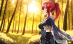  1girl belt blue_eyes blurry blurry_background day depth_of_field earrings elbow_gloves forest gloves gradient_hair highres jewelry long_hair minuma_h multicolored_hair nature outdoors pixiv_fantasia pixiv_fantasia_scepter_of_zeraldia pointy_ears ponytail profile red_hair redhead sidelocks smile solo standing sunlight 