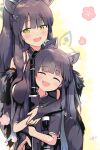 2girls :d animal_ear_fluff animal_ears bangs black_dress black_hair blue_archive blunt_bangs blush breasts china_dress chinese_clothes closed_eyes commentary_request dress flower fur_trim gloves green_eyes hair_ornament halo happy highres holding holding_weapon large_breasts long_hair looking_at_viewer multiple_girls open_mouth sergei_(pattundo) shirt short_sleeves shun_(blue_archive) shun_(small)_(blue_archive) simple_background smile tiger_ears tiger_girl upper_body weapon x_hair_ornament