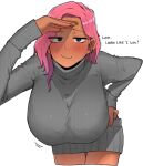 1girl :3 ? blush breasts dark-skinned_female dark_skin dress earrings english_text jewelry leaning_forward long_sleeves looking_at_viewer ohasi original pink_(ohasi) pink_hair ribbed_sweater short_hair simple_background smile solo sweat sweater turtleneck turtleneck_sweater white_background