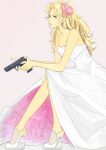 1girl blonde_hair dress flower gun hair_flower hair_ornament handgun high_heels highres long_hair saga saga_frontier solo weapon wedding_dress