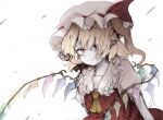 1girl ascot blonde_hair closed_mouth flandre_scarlet fleuriste frilled_shirt_collar frills hat hat_ribbon highres looking_at_viewer medium_hair mob_cap multicolored_wings one_eye_closed pointy_ears puffy_sleeves red_eyes red_ribbon red_skirt red_vest ribbon ribbon-trimmed_headwear ribbon_trim shirt short_sleeves side_ponytail simple_background skirt smile solo touhou upper_body vest white_background white_headwear white_shirt wings yellow_ascot