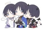  angel_and_devil angel_wings black_hair chibi closed_mouth crossed_arms demon_horns demon_tail demon_wings genshin_impact halo horns long_sleeves looking_away male_focus multiple_boys multiple_persona purple_belt red_eyeliner scaramouche_(genshin_impact) smug sweatdrop tail wanderer_(genshin_impact) white_background wings 