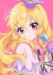 1girl aikatsu! aikatsu!_(series) blonde_hair blush bow closed_mouth dot_nose earrings gloves hair_bow hairband highres hoshimiya_ichigo idol jewelry kisumi_rei long_hair looking_at_viewer pink_background portrait red_eyes smile solo