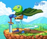  1boy blue_gloves blue_pants blue_sky cape chrono_trigger cliff closed_mouth clouds colored_skin dated day english_commentary forest full_body gloves grass green_cape green_skin kermit_the_frog male_focus mountain muppets nature outdoors pants pip_(artofpip) pixel_art river sky solo standing sword weapon 