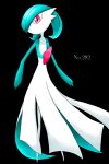 1girl alternate_color bangs black_background blue_hair blue_skin bob_cut closed_mouth colored_skin commentary expressionless flat_chest full_body gardevoir gen_3_pokemon hair_over_one_eye highres looking_at_viewer multicolored_skin no_humans pokedex_number pokemon pokemon_(creature) red_eyes rve shiny_pokemon short_hair simple_background solo standing two-tone_skin white_skin