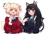 2girls :3 :d ^_^ animal_ears auraaa bangs black_hair blonde_hair bob_cut cat_ears cat_tail clenched_hands closed_eyes commentary cropped_torso dog_ears dog_girl dog_tail dress english_commentary green_necktie hair_ribbon hand_on_own_chest hand_up hands_up highres inoue_takina kemonomimi_mode long_sleeves looking_at_another lycoris_recoil lycoris_uniform multiple_girls neck_ribbon necktie nishikigi_chisato open_mouth purple_eyes red_dress red_ribbon ribbon shirt short_hair signature simple_background smile tail tail_wagging upper_body violet_eyes white_background white_shirt wing_collar