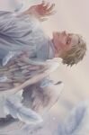 1boy angel_wings blonde_hair commentary_request feathers haruno_nato highres jujutsu_kaisen looking_at_viewer looking_back male_focus nanami_kento parted_lips shirt short_hair smile solo upper_body white_shirt wings