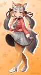  1girl animal_costume animal_ear_fluff animal_ears blazer coroha extra_ears fox_ears fox_girl fox_tail full_body gloves gradient gradient_background grey_hair hat island_fox_(kemono_friends) jacket kemono_friends kemono_friends_v_project long_hair looking_at_viewer microphone multicolored_hair necktie orange_hair pantyhose pleated_skirt ribbon shirt shoes simple_background skirt smile solo star_(symbol) starry_background tail twintails virtual_youtuber yellow_eyes 