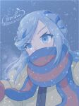  1girl artist_name bangs blue_background blue_eyes blue_hair blue_scarf blush breath character_name coat commentary_request covered_mouth english_text grusha_(pokemon) highres lemonade_kokoi light_blush long_hair outline partial_commentary pokemon pokemon_(game) pokemon_sv scarf shiny shiny_hair sidelocks signature simple_background snowflakes snowing solo striped striped_scarf swept_bangs twitter_username v-shaped_eyebrows yellow_coat 