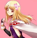 1girl arm_warmers blonde_hair breasts cape clenched_hand closed_mouth dress fina_(ffbe) final_fantasy final_fantasy_brave_exvius fingerless_gloves flower from_side gloves gradient gradient_background hair_flower hair_ornament long_hair medium_hair pink_background purple_dress red_eyes small_breasts smile solo tarutaru_yamaoka upper_body white_cape