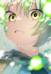 1girl absurdres aura bangs blast-7 blonde_hair blurry blurry_foreground commentary_request depth_of_field green_eyes grey_scarf highres looking_at_viewer medium_hair mizuhashi_parsee parted_lips portrait scarf signature solo touhou