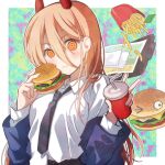  1girl black_necktie blonde_hair blue_jacket blush burger chainsaw_man collared_shirt cross-shaped_pupils demon_horns drink eating food french_fries hair_between_eyes holding holding_drink holding_food horns jacket kawanobe long_hair monster_girl necktie power_(chainsaw_man) red_horns shirt shirt_half_tucked_in solo twitter_username upper_body v yellow_eyes 
