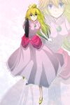 1girl blonde_hair blue_eyes breasts brooch crown dress elbow_gloves frying_pan full_body gloves highres holding holding_frying_pan jewelry long_hair looking_at_viewer miraxth523 pink_dress princess_dress princess_peach simple_background smile solo super_mario_bros.