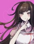 1girl apron bangs black_hair blunt_bangs blush breasts brown_eyes closed_mouth commentary_request danganronpa_(series) danganronpa_2:_goodbye_despair dress heart heart-shaped_pupils highres index_finger_raised long_hair looking_at_viewer pink_background pink_dress puffy_short_sleeves puffy_sleeves short_sleeves signature simple_background solo straight_hair symbol-shaped_pupils tsumiki_mikan twitter_username upper_body white_apron zui_nianshao