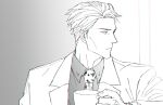 1boy animal_print coffee_mug collared_shirt cup ega_(egavinote) expressionless formal greyscale highres holding holding_cup jujutsu_kaisen leopard_print long_sleeves looking_to_the_side male_focus monochrome mug nanami_kento necktie shirt short_hair solo suit upper_body