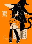 1girl absurdres aida_(aidia) animal_ears black_eyes black_footwear black_hair black_headwear black_thighhighs candy cat_ears cat_girl cat_tail commentary food halloween hat highres jack-o&#039;-lantern limited_palette lollipop long_hair looking_at_viewer mouth_hold orange_background orange_skirt orange_theme original pumpkin shoes signature sitting skirt solo tail thigh-highs witch_hat