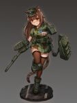 1girl absurdres adapted_turret animal_ears asymmetrical_sleeves black_thighhighs boots breasts brown_eyes brown_hair camouflage camouflage_jacket camouflage_skirt cannon cat_ears cat_tail chance8000 green_footwear ground_vehicle highres jacket knee_pads long_hair m48_patton machinery mecha_musume medium_breasts military military_vehicle miniskirt motor_vehicle original personification pleated_skirt single_knee_pad skirt smile solo tail tank thigh-highs thighhighs tiger_ears tiger_girl tiger_tail very_long_hair weapon