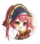 1girl ascot bangs bare_shoulders bicorne black_coat blush boots brown_footwear chibi coat eyepatch fold-over_boots full_body gold_trim hat heterochromia highres hololive houshou_marine looking_at_viewer masamune_(rasyid.khan.965) off_shoulder open_mouth pirate red_ascot red_hair redhead simple_background sleeves_past_fingers sleeves_past_wrists smile solo sparkle treasure treasure_chest twintails virtual_youtuber