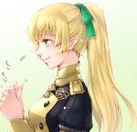 1girl alternate_hairstyle blonde_hair ebi_puri_(ebi-ebi) fidgeting fire_emblem fire_emblem:_three_houses garreg_mach_monastery_uniform gradient gradient_background green_eyes ingrid_brandl_galatea long_hair ponytail smile solo upper_body