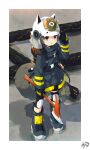  1girl :o absurdres animal_ears animal_ears_helmet arknights axe black_footwear black_gloves black_jacket blush boots brown_eyes brown_hair commentary_request fake_animal_ears fire_axe fire_helmet firefighter firefighter_jacket full_body gloves hand_up helmet highres jacket karasutsuki knee_pads long_sleeves looking_at_viewer parted_lips shaw_(arknights) signature sleeves_past_wrists solo squirrel_tail standing tail white_headwear 