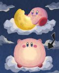 arrow_(symbol) closed_mouth clouds commentary_request eating food food_on_face glowing highres holding holding_food kirby kirby_(series) miclot moon no_humans sitting_on_cloud sky
