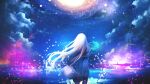 1girl artist_request back character_request cherry_blossoms copyright_request highres long_hair night night_sky non-web_source petals rose_petals scenery shirt shooting_star sky solo source_request star_(sky) starry_sky water white_shirt