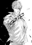 1boy collared_shirt expressionless greyscale hair_over_one_eye hikonom holding holding_weapon jujutsu_kaisen looking_at_viewer male_focus monochrome nanami_kento parted_lips scar scar_on_face shirt short_hair sketch solo spoilers standing upper_body weapon