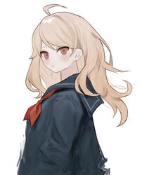  1girl absurdres ahoge akamatsu_kaede bangs black_sailor_collar black_shirt blonde_hair blush brown_eyes danganronpa_(series) danganronpa_v3:_killing_harmony from_side gradient gradient_background haru_(ririne9999rine) highres long_hair long_sleeves neckerchief no_hair_ornament official_alternate_costume red_neckerchief sailor_collar school_uniform serafuku shirt simple_background solo upper_body white_background 