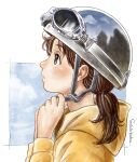 1girl adjusting_clothes adjusting_headwear artist_name brown_eyes brown_hair enomoto_yoshitaka from_side goggles goggles_on_headwear helmet hood hoodie looking_up original ponytail profile signature solo sweater traditional_media yellow_hoodie