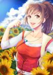  1girl artist_request breasts brown_eyes brown_hair clouds collarbone day dress ellen_carson flower hair_ornament jewelry long_hair looking_at_viewer necklace open_mouth ponytail romancing_saga_3 saga smile solo sunflower 