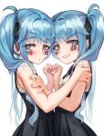 2girls aqua_hair bangs bare_shoulders black_ribbon blue_hair blush commentary_request dress expressionless facial_mark from_side grin hair_flaps hair_over_shoulder hair_ribbon heart heart_hands heart_hands_duo highres long_hair looking_at_viewer multiple_girls original paid_reward_available ribbon siblings sidelocks simple_background sleeveless smile tareme torriet twins twintails upper_body white_background