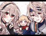 1boy 2girls :d akagi_(ruby-laced_beauty)_(azur_lane) bangs black_gloves black_hairband blonde_hair blue_headband brother_and_sister corrin_(fire_emblem) corrin_(fire_emblem)_(female) corrin_(fire_emblem)_(male) drill_hair elise_(fire_emblem) finger_to_mouth fingerless_gloves fire_emblem fire_emblem_fates fire_emblem_heroes gloves grey_hair hair_ribbon hairband headband highres holding_shuriken long_hair manakete misato_hao multiple_girls ninja official_alternate_costume open_mouth parted_bangs pointy_ears red_eyes red_scarf ribbon scarf shuriken siblings sisters smile upper_body watermark weapon