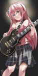 1girl absurdres bangs blue_eyes bocchi_the_rock! breasts closed_mouth cube_hair_ornament electric_guitar gibson_les_paul gotou_hitori grey_skirt guitar hair_between_eyes hair_ornament high_collar highres instrument jacket long_hair looking_at_viewer medium_breasts music pink_hair pink_jacket plaid plaid_skirt playing_instrument pleated_skirt saabyboi skirt solo tearing_up track_jacket