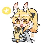 1girl 2girls :d animal_ear_fluff animal_ears arknights armored_boots bangs black_bow black_gloves black_headwear blemishine_(arknights) blonde_hair blush boots bow brown_eyes cape chibi commentary_request d dog-san eyebrows_visible_through_hair fox_ears full_body fur-trimmed_cape fur_trim garrison_cap gloves gradient gradient_background grey_cape hair_bow hat long_hair long_sleeves looking_at_viewer multiple_girls open_mouth ponytail safe signature simple_background sitting smile solo vambraces whislash_(arknights) white_background