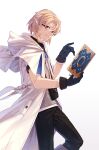 1boy bag black_gloves black_pants blonde_hair blue_eyes book braid character_request coat commentary_request destiny_unchain_online:_kyuuketsuki_shoujo_to_natte_yagate_aka_no_maou_to_yobareru_you_ni_narimashita elf glasses gloves grey_shirt hand_up highres holding holding_book looking_at_viewer male_focus official_art pants pointy_ears safe shirt short_hair shoulder_bag simple_background smile solo standing white_background white_coat yachimoto
