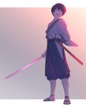 1boy :d ^_^ border brown_hair closed_eyes full_body gradient gradient_background grey_kimono hakama highres holding holding_sword holding_weapon japanese_clothes kimono letterboxed long_sleeves male_focus okurase rurouni_kenshin seta_soujirou sheath short_hair smile socks solo sword tabi unsheathed weapon white_border white_socks wide_sleeves