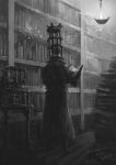 1boy artist_name bloodborne book book_stack bookshelf cage capelet cloak dated fire flame from_behind greyscale helmet highres lamp male_focus micolash_host_of_the_nightmare monochrome open_book reading safe shelf shoes signature solo standing table tripdancer
