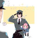 1boy 1girl 2boys :&lt; ? ahoge anya_(spy_x_family) awarinko bangs black_gloves black_hair black_necktie blue_coat coat collared_shirt commentary_request female_child fur_trim gloves green_eyes greyscale hat highres horns military military_hat military_uniform monochrome multiple_boys necktie pink_hair pointing pointing_at_another red_eyes safe salute shirt spoken_question_mark spy_x_family star_(symbol) sweat sweating_profusely uncle_and_niece uniform wing_collar yuri_briar